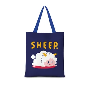 Sac cabas fourre-tout en toile bleu foncé avec illustration de mouton mignon et design unique.