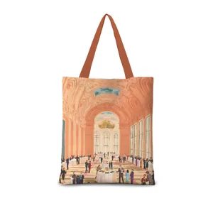Sac cabas en toile vintage avec illustration architecturale rétro, sac d'épaule décontracté.