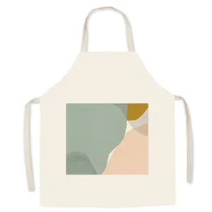 Nordic abstract geometric pattern cotton linen apron detail view, modern kitchen cooking smock.