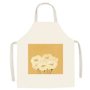 Cotton linen kitchen apron with floral art print, cute sleeveless cooking bib for home use.