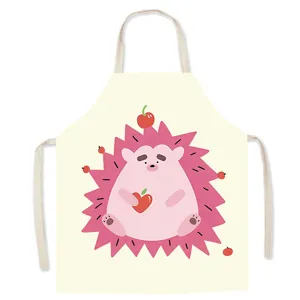 Cute cartoon hedgehog print cotton kitchen apron, cream white cooking smock for home baking.
