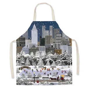Kitchen apron with winter city snow print, comfortable cotton linen cooking bib for home use.