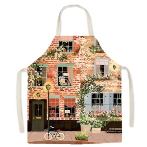 Chic cotton linen kitchen apron featuring a charming European vintage street illustration design.
