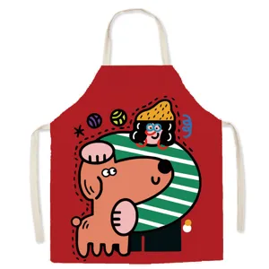 Cartoon puppy print cotton linen apron detail, creative cute cooking art smock accessory.