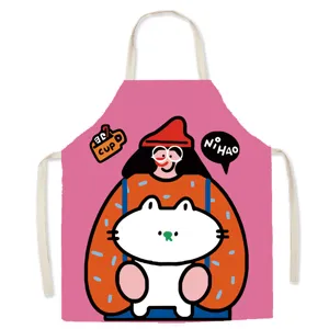 Cute cartoon cotton linen apron, funny kitchen cooking smock, breathable sleeveless design.