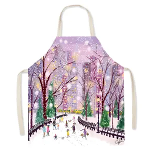 Cozy winter snow scene printed cotton linen apron for kitchen cooking, fresh and stylish home use.