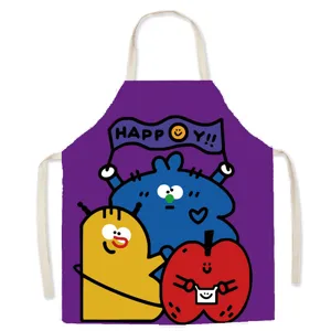 Close-up detail of the funny cartoon cotton linen apron featuring vibrant purple and cute print.