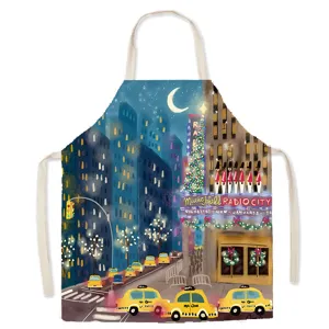 Detailed shot of cotton linen kitchen apron featuring New York night city illustration print.