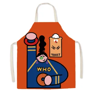 Cotton linen sleeveless cooking apron with cute cartoon graphic and orange background style.