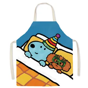 Detailed view of cute cartoon dog printed cotton linen apron kitchen cooking bib anti-fouling.