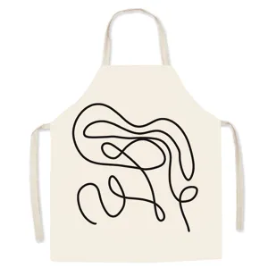 Nordic minimalist abstract line art cooking apron in beige linen for kitchen home painting work.