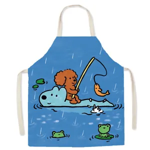 Cute cartoon dog fishing print cotton linen apron detail, minimalist style kitchen cooking smock.
