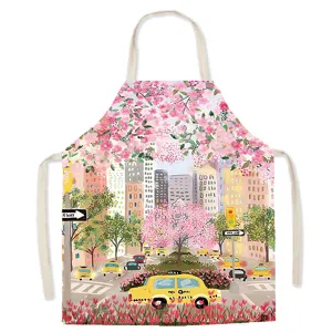 Cotton linen kitchen apron with beautiful city street print, comfortable cooking coverall.