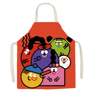 Colorful cartoon character print cotton linen sleeveless cooking apron for home kitchen use.