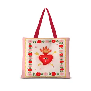 Sac cabas en toile avec imprimé cœur artistique, sac à main décontracté pour usage quotidien.