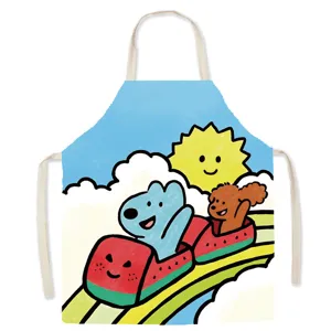 Detailed view of cute cartoon printed cotton linen kitchen apron with lovely dog design.