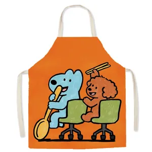 Cute cartoon cotton linen kitchen apron, comfortable sleeveless cooking bib for home use.