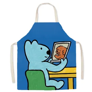 Cute cartoon dog print cotton linen kitchen apron detail showing adorable blue bear illustration.