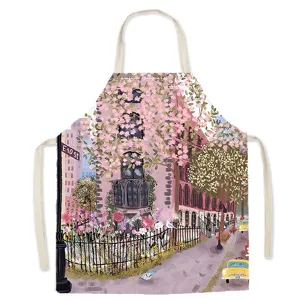 Floral street scene printed kitchen apron, stylish cotton linen cooking smock for home.