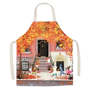 Cotton linen kitchen apron with cute autumn pumpkin illustration, stylish cooking smock for home.