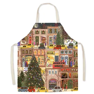 Christmas street print cotton linen kitchen apron for cooking, cute holiday style cooking coverall.