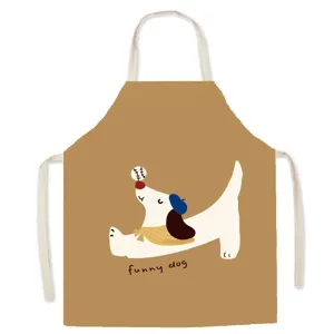 Cotton linen kitchen apron with cute cartoon dog print, thickened anti-stain cooking workwear.