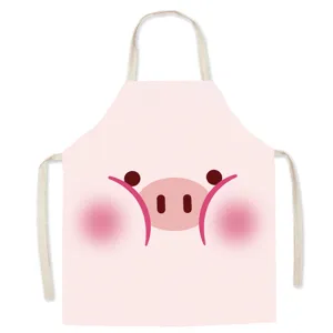 Cute cartoon pig print kitchen apron for daily cooking baking and home housework pink