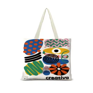 Sac Cabas en Coton et Lin Grande Capacité pour Femmes Motif Géométrique Sac à Bandoulière Décontracté Sac à Livres