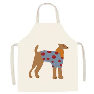 Detailed view of the cute cartoon dog linen kitchen apron, perfect for baking and cooking.