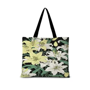 Sac cabas en toile à motif de lys artistiques, élégant sac d'épaule pour travail quotidien.
