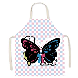 Cute cartoon butterfly print kitchen apron, pink blue checkered linen cooking baking bib.