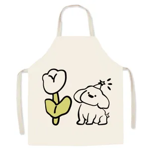 Cute cartoon dog and tulip print cotton linen apron, perfect for kitchen cooking.