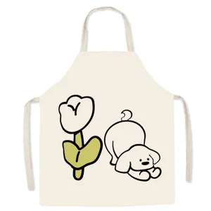 Cute cartoon puppy and tulip apron for kitchen, cotton linen baking cooking workwear.