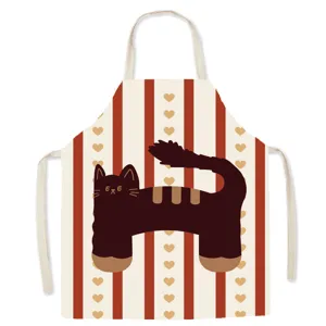 Cute cat print kitchen apron detail, cartoon striped design for cooking and baking tasks.