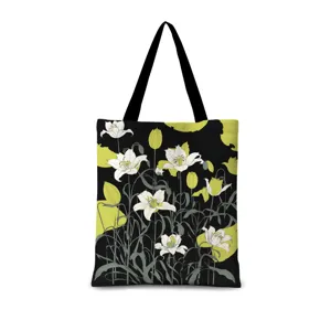 Sac cabas en toile avec imprimé de fleurs de lys artistiques, sac d'épaule botanique chic.