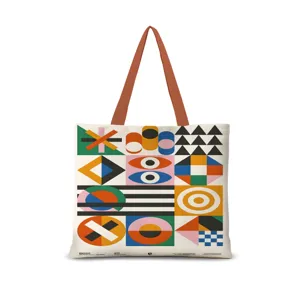 Sac cabas en toile à motif géométrique coloré, grand sac bandoulière décontracté.