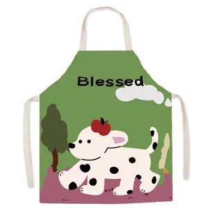 Cartoon dog print linen kitchen apron for cooking, baking and cleaning, comfortable adjustable.