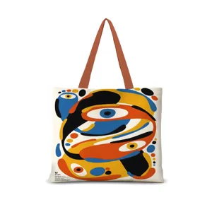 Sac cabas en toile avec motifs d'art abstrait et bretelles d'epaule marron confortables.