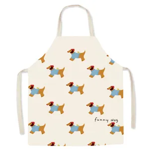 Cute cartoon dog print kitchen apron, thickened linen material, perfect for baking and cooking.