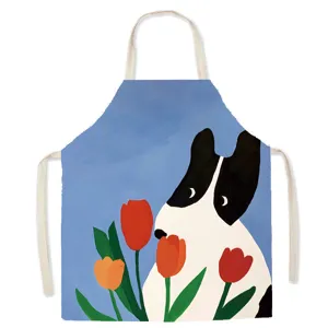 Cotton linen sleeveless apron with cute dog tulip art print, ideal for kitchen cooking and baking.
