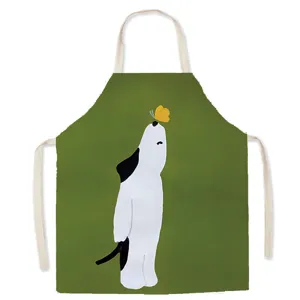 Cotton linen kitchen apron with cute abstract dog and butterfly print, sleeveless baking tool.