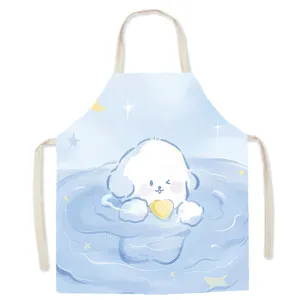 Cute cartoon dog print cotton linen kitchen apron, sleeveless cooking smock for home use.