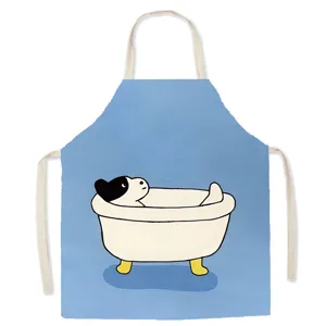 Cotton linen kitchen apron with cute dog bath print, blue sleeveless cooking bib for home use.