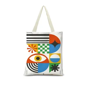 Vue détaillée du sac cabas en toile d'art géométrique abstrait avec impression graphique moderne.