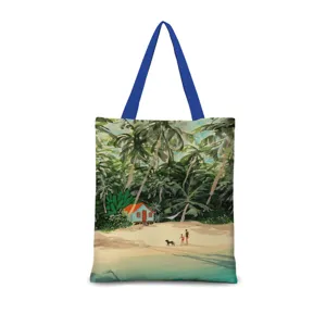 Sac cabas en toile style vintage avec impression artistique de plage, grand sac bleu