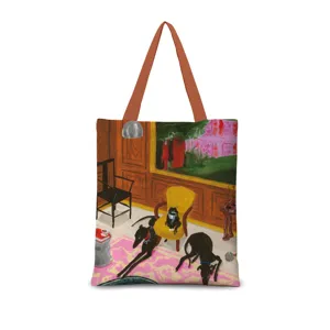Sac cabas en toile rétro artistique avec illustration d'intérieur vintage, grand sac porté épaule.