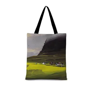 Grand sac cabas en toile avec imprimé paysage vintage, sac à épaule décontracté.