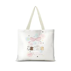 Sac cabas en toile style crème, grande capacité, sac d'épaule décontracté avec imprimé chien.