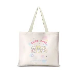 Sac cabas en toile crème avec imprimé chat mignon, sac d'épaule quotidien spacieux pour femmes.