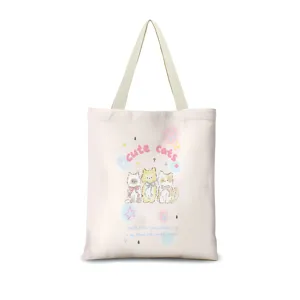 Sac cabas en toile crème, grand sac à épaule décontracté avec imprimé chat mignon.